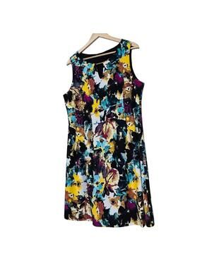 ILE New York Sleeveless Abstract Floral Dress 14 Multicolor Stretch Knee Length